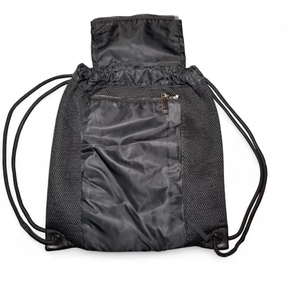 Lululemon Black Drawstring Backpack Gym Sack Lightweight Nylon Bag with Zip Pock